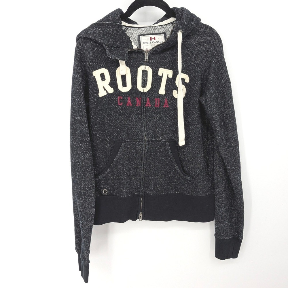 Roots Zip Up Hoodie Women Medium Black Raglan Logo Canadian Gorpcore Casual